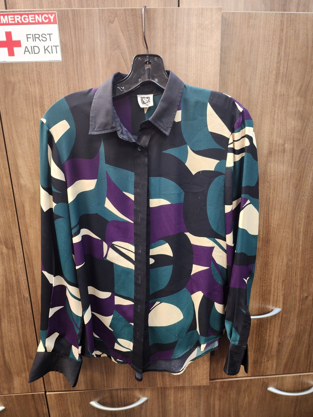 Abstract Print Long-Sleeve Shirt in Teal, Purple & Cream